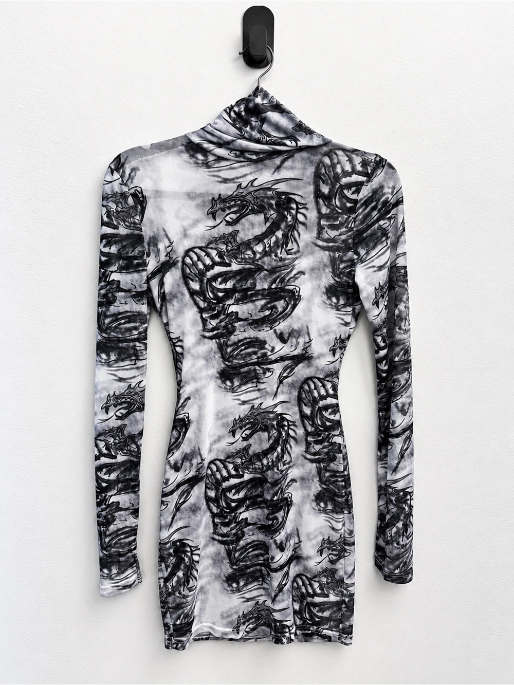 Gray & Black Dragon Print Mesh Mini Dress